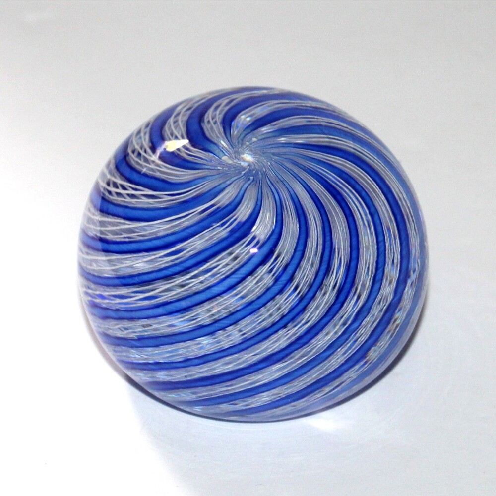 Paperweight Art Glass Latticino blue white ribbon swirl round